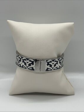 Talbots Silver Tone Black Enamel Hinged Bangle Bracelet